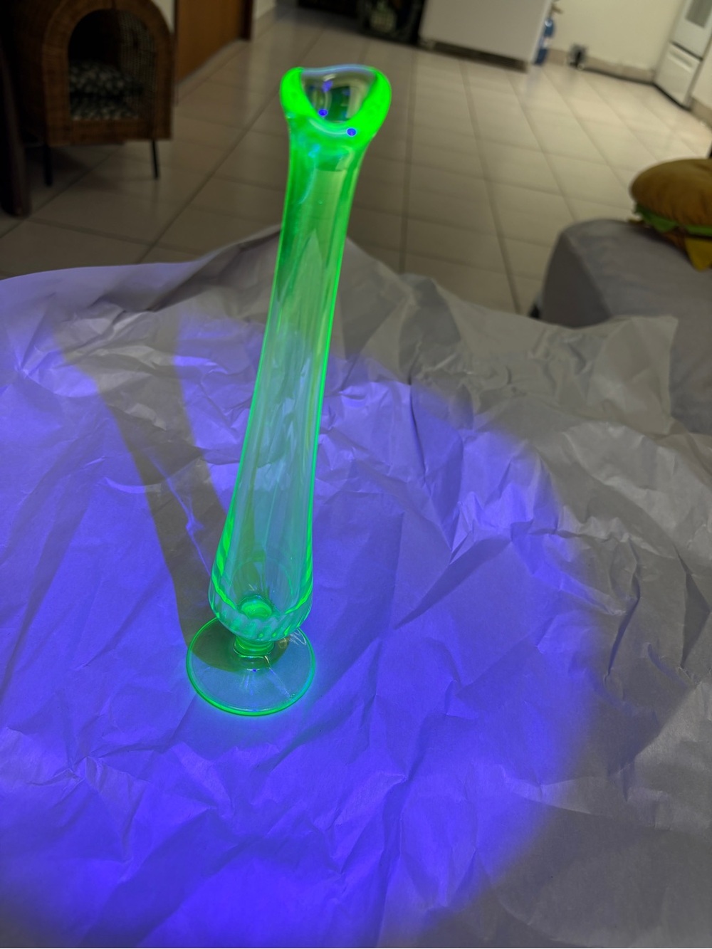 Vintage Vasaline Uranium Glass 9” Bud Vase with Swirled Base
